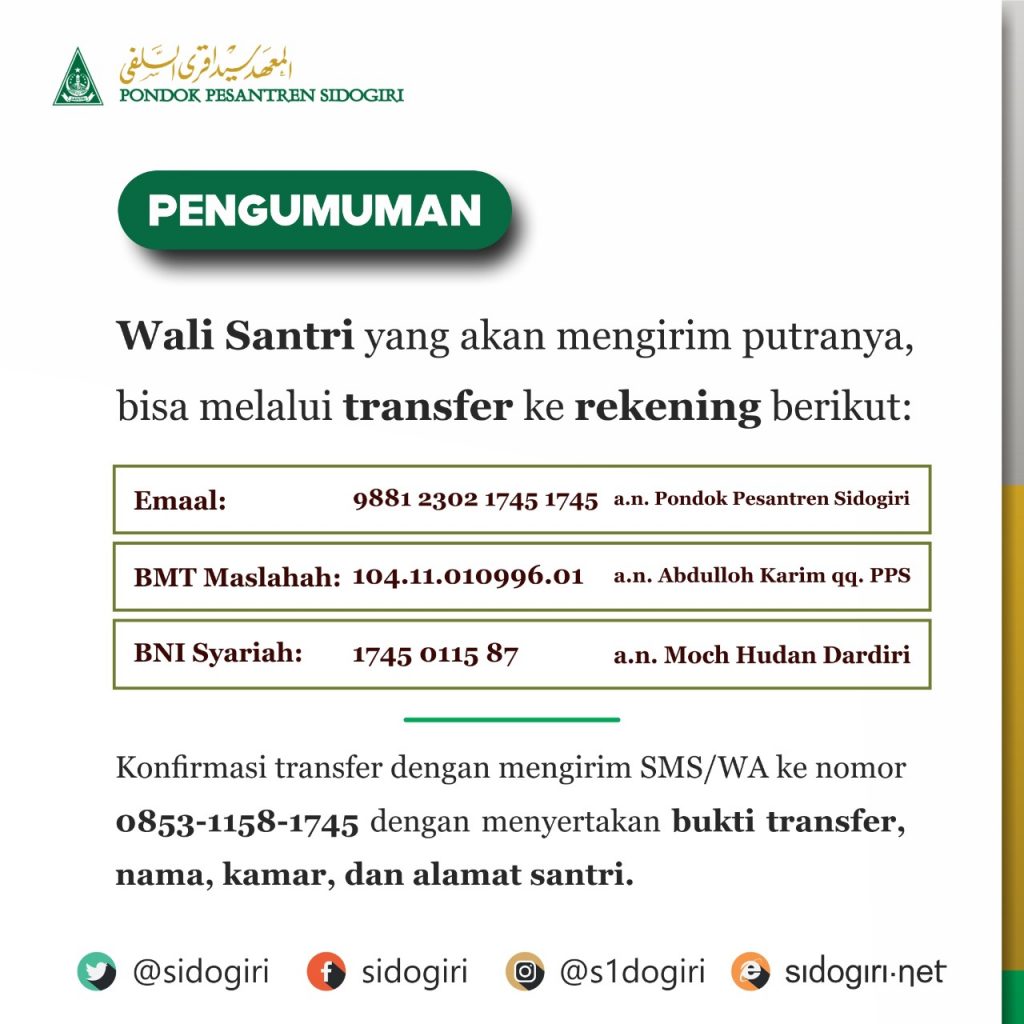 Pengiriman uang santri bisa via transfer
